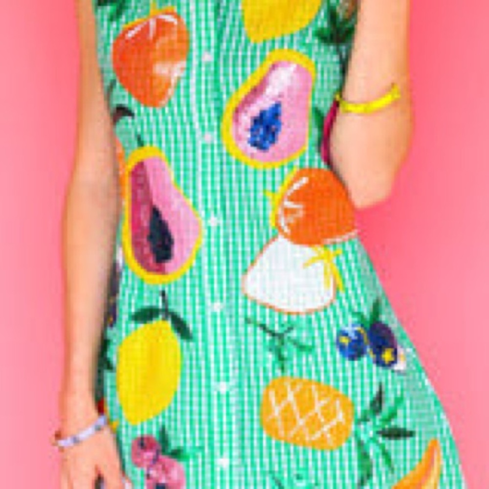 QUEEN OF SPARKLES Green Gingham Fruit Midi Dress with Multicolor Prints